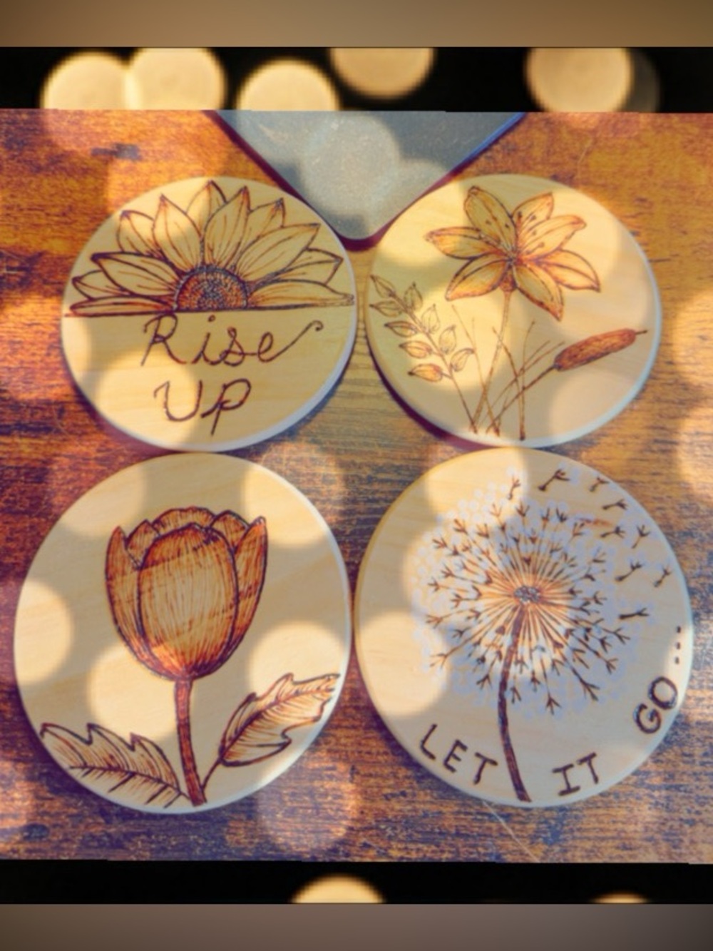 Handcrafted Natural Wood Floral Coasters - Set of 4 (Light Wood)